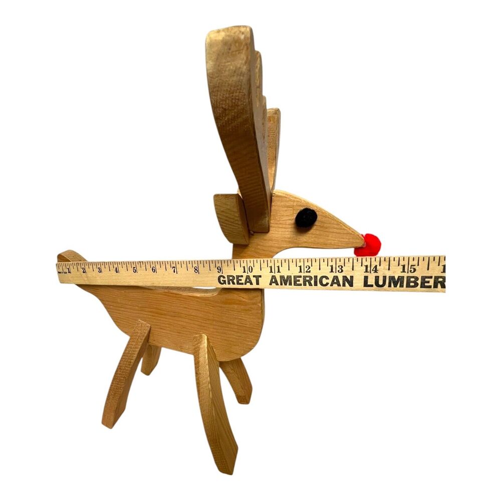 MCM Handmade Wooden Reindeer Rudolph Pom Eyes 16” Puzzle Statue Kitsch Atomic - Picture 9 of 9
